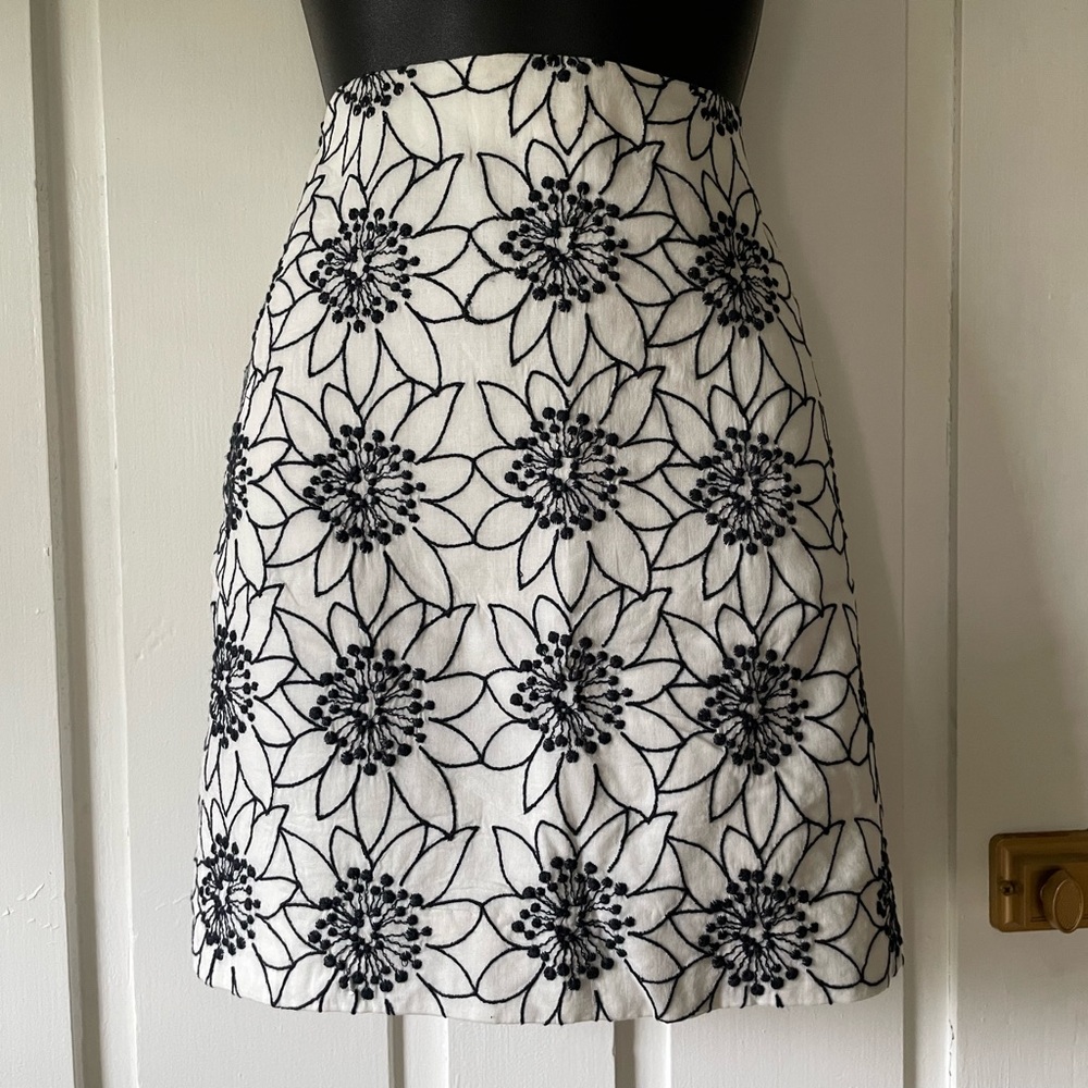 J CREW White with Navy Blue Floral Embroidery Skirt